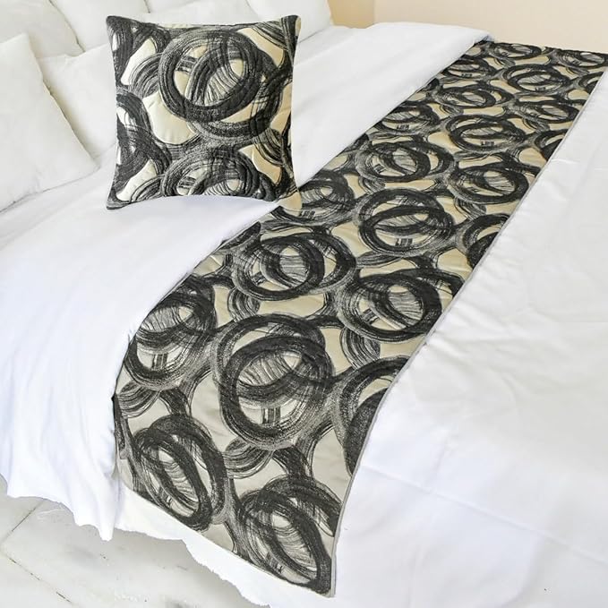 The HomeCentric King/Queen/Twin Black Decorative Queen 74"x18" Bed Runner with Pillow Cover, Circle, Rings, Quilted Bed Scarf on Jacquard Fabric - Circlewise