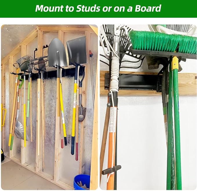 Garage Tool Organizer Wall Mount with 48 inches Rails and 6 Double-layer Hooks, Garden Tool Rack Heavy Duty, Garage Hanging Storage Rack For Yard Tools, Shovel, Shed