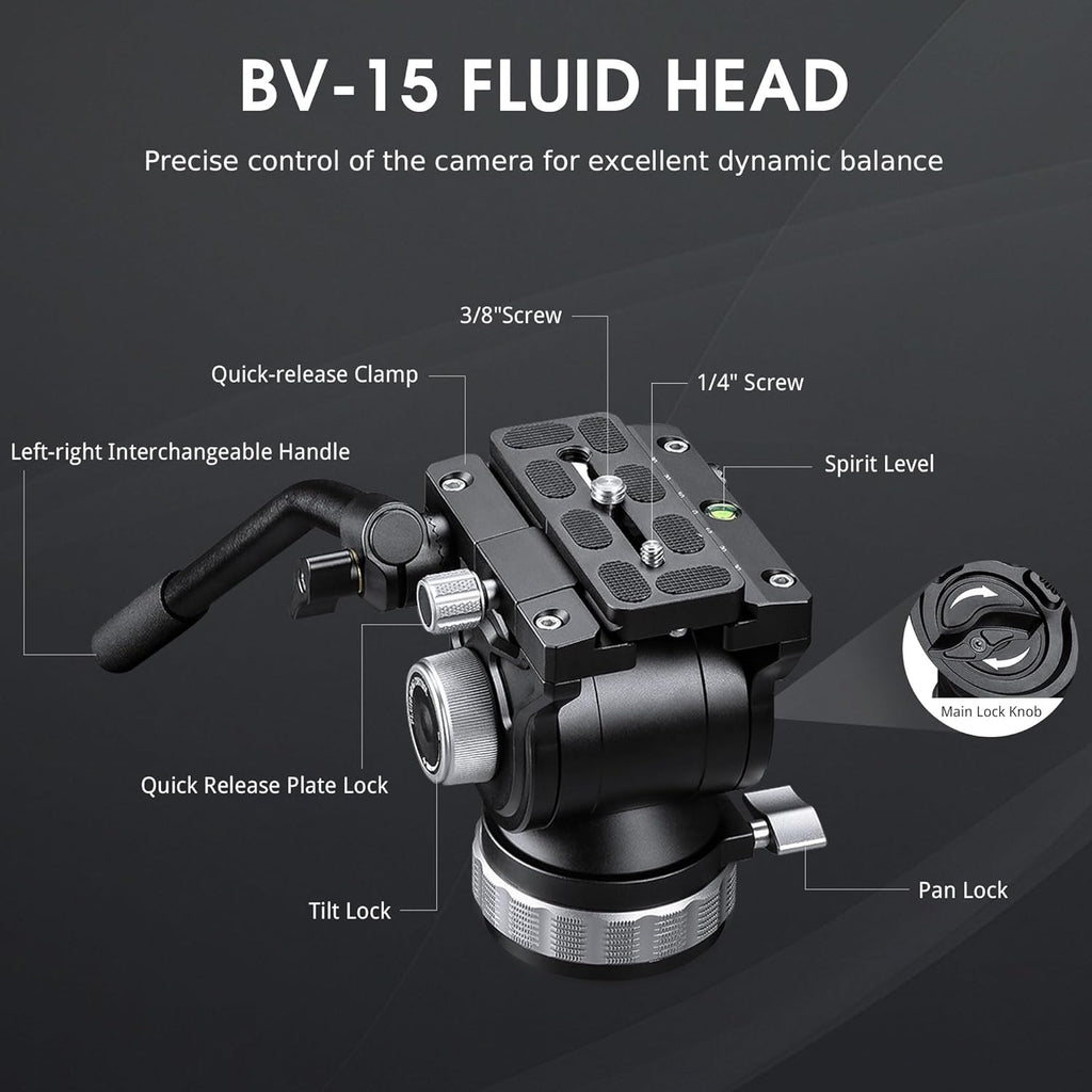 Heavy Duty Carbon Fiber Tripod with Fluid Head, One-Step Unlock System, with Removable Handle and Center Spreader, MaxLoad 8 KG/17.64 LB, Balanced Load 3 KG/6.61 LB (LVF-163C+BV-15)