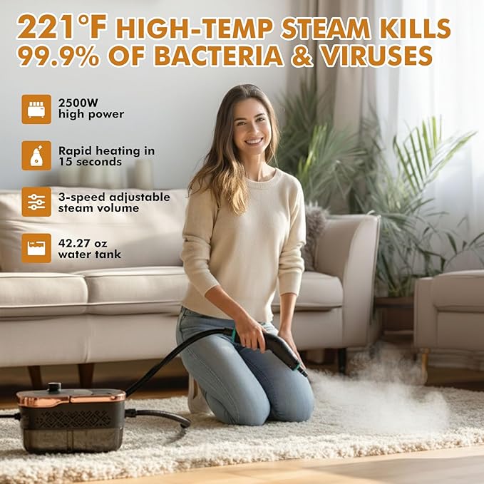 Handheld Steam Cleaner for Home,15s Heat-Up 42.27oz Tank,2500W Portable Steamer for Cleaning,with 15 pcs Accessories,Pressurized Steam Cleaner,Grease,Grout,Furniture,Bed Bugs,Floor,Couch and Car