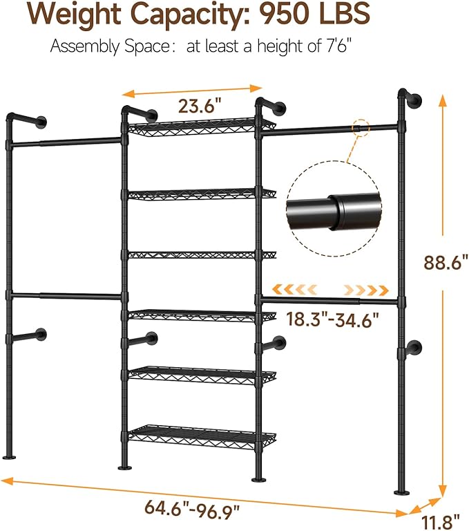 ONBRILL H3 Wall Mounted Closet System, Expandable Industrial Pipe Clothes Rack Clothing Rack for Hanging Clothes, Heavy Duty Closet Organizers and Storage in Wardrobe Closet, Black