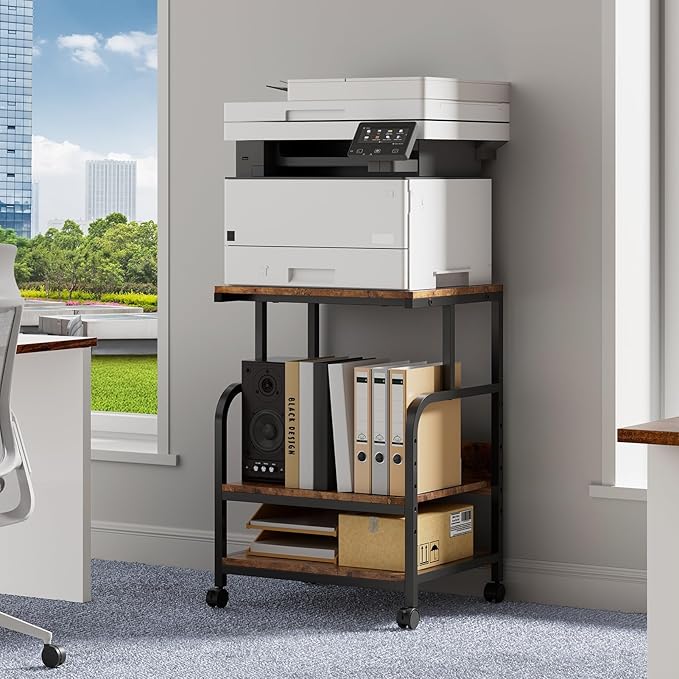 Warmiehomy Printer Stand, 20×16×28'' Printer Table with Wheels, 3 Tier Rolling Cart with Adjustable Storage Shelf, Space Saving 3D Desk for Home Office, Mini Fridge & Heat Press Stand, Rustic Brown