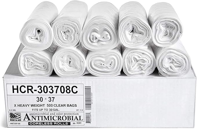 Aluf Plastics High Density Trash Bags, 30 Gallon, 500 Count, 8 Micron (eq), 30" x 37", Clear, for Bathroom, Office, Industrial, Commercial, Janitorial, Municipal, Recycling