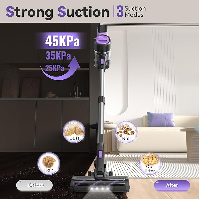 DEVOAC S10 Cordless Vacuum Cleaner, 45Kpa 50mins Lightweight Stick Vacuum with Powerful Suction for Home, Rechargeable, Self-Standing, Handheld Vacuum Cleaners for Hardwood Floors, Carpets Violet