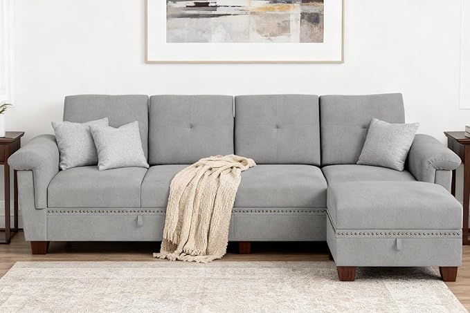 JAMFLY 108" Modular Sectional Sofa with Storage, L Shaped Sofa Couch with Reversible Ottoman, 4-Seat Convertible Sectional Couches with Cup Holders for Living Room, Apartment, Light Grey