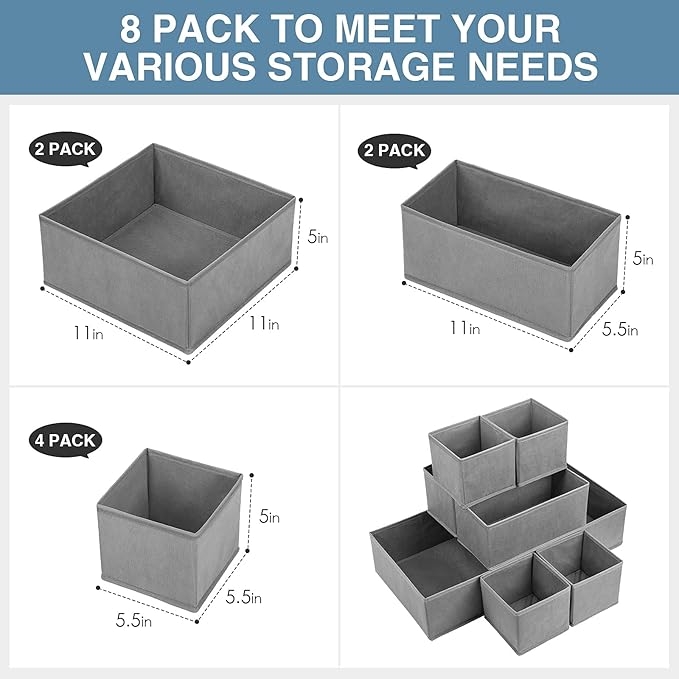 Criusia Drawer Organizer Clothes, 8 Pack Underwear Organizer, Foldable Closet Organizers and Storage Dresser Dividers for Clothes, Socks, Scarves, Ties (Gray)