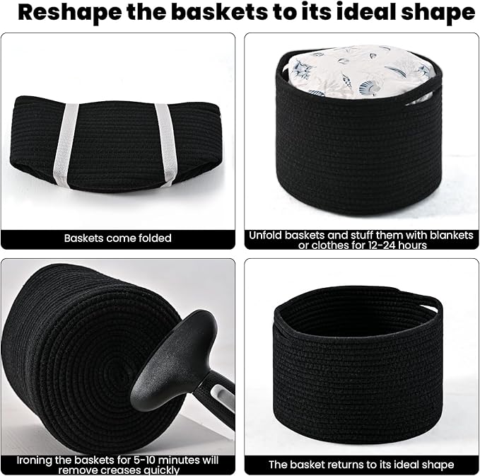 Small Black Baskets for Organizing, Storage Baskets for Shelves, Small Woven Basket for Storage, Cute Basket for Gifts, Mini Cotton Rope Baskets, 9.7"×9.7"×7" (3 Packs) Black