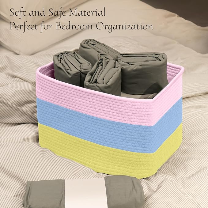 Hopegiver Woven Storage Baskets 15x11x10 Inch, 3 Pack Collapsible Cube Storage Bin for Shelves - Foldable Cotton Rope Organizer Bins for Towels, Toys, Books, Closet, Nursery (Pink Blue Yellow)