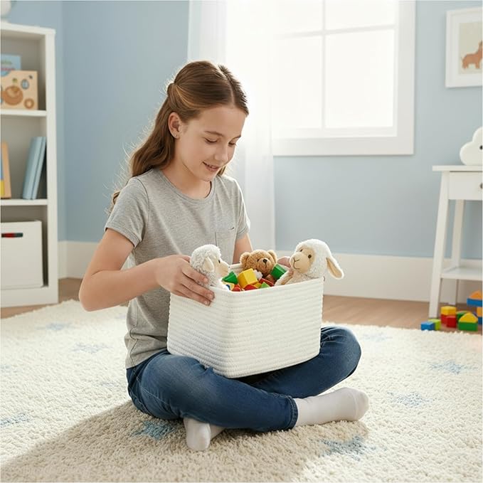 Small Cotton Rope Basket – Storage Bin for Organizing (10.6" x 6.7" x 6.7"), Bathroom Storage Basket for Shelf, Counter & Closet（White）