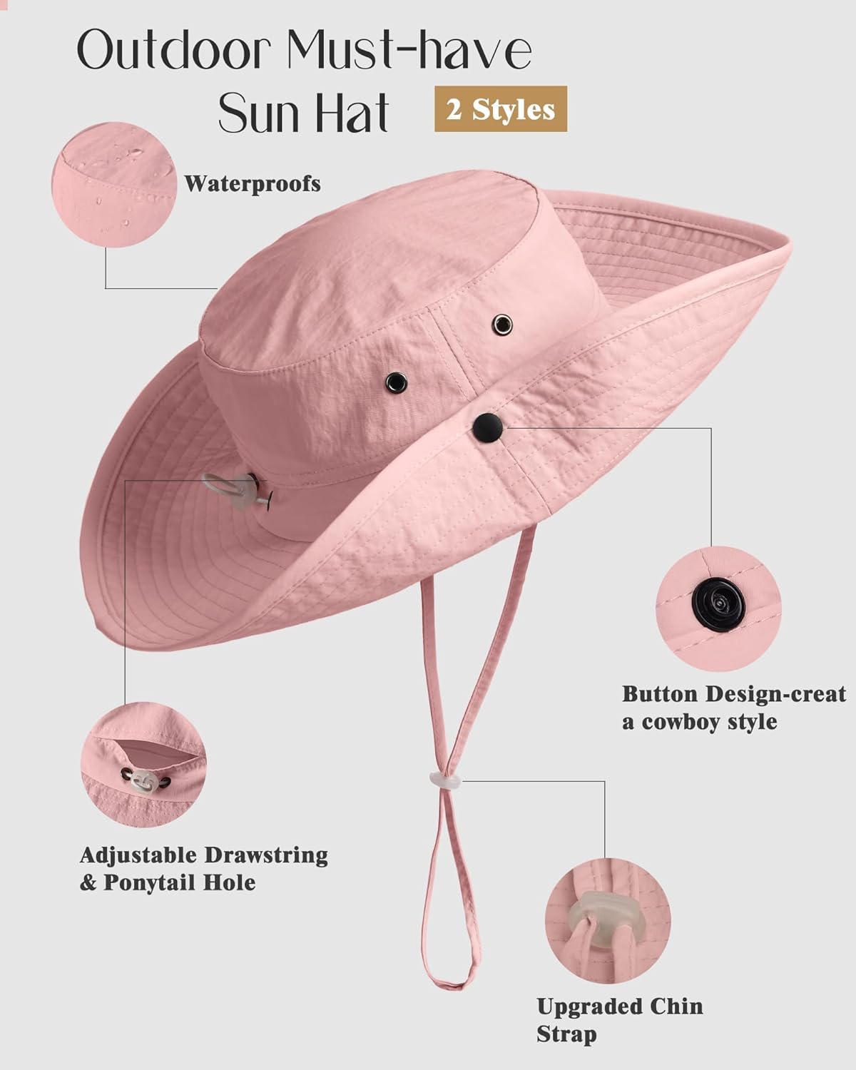 FURTALK Sun Hats for Women Ponytail UPF 50+ Beach Summer Hat Wide Brim Packable Cowboy Hat