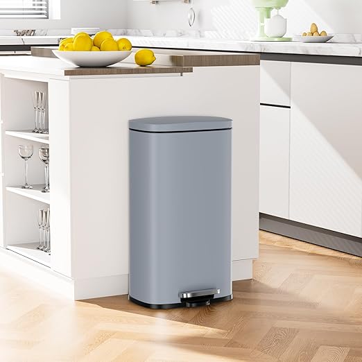 Arlopu 8/13.2 Gallon Step Trash Can, Stainless Steel Garbage Bin, Soft-Close Rubbish Bin with Removable Plastic Inner Bucket, Fingerprint-Proof, Lid Dustbin, Suit for Kitchen Home (Haze Blue, 30L)