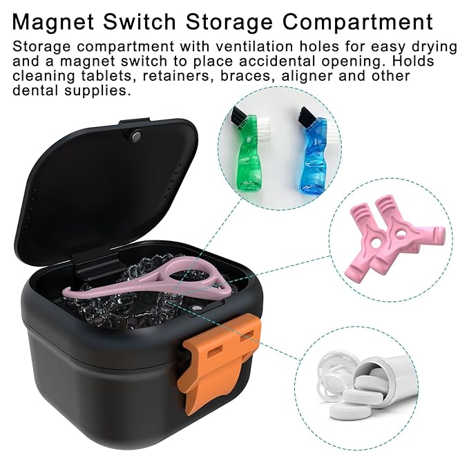 ARGOMAX Leak Proof Denture Bath Cup, Portable Soaking Denture Box, Denture Bath Case with Strainer, for Dentures and Braces, Upgraded Version with Storage Compartment (Black + Orange).