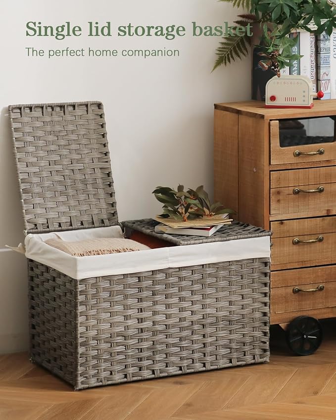 Storage Basket with Lid Wicker Baskets for Storage with 2 Separate Lid 42.3 Gallon (160 L) 29.9 x 17.3 x 18.1 Inches Rattan Woven Large Wicker Basket with 2 Liners for Bedroom Laundry Gray