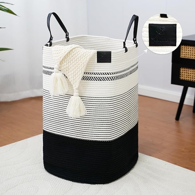 danpinera 75L Woven Laundry Hamper with Long Leather Handles, Baby Laundry Basket for Nursery, Tall Hampers for Bedroom Aesthetic, Decorative Clothes Storage Basket for Family White & Black