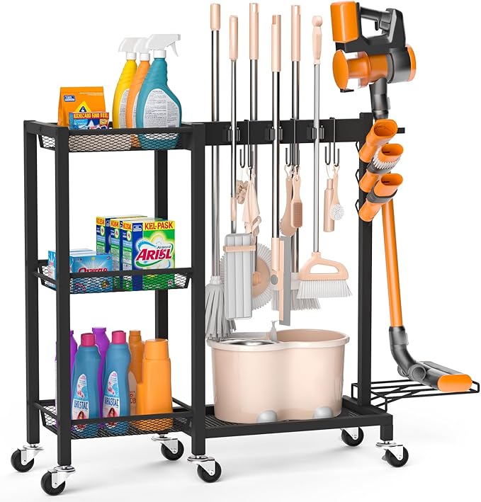 Cleaning Supplies Organizer with Broom Holder Load 350 LBS Cleaning Cart with Wheels Broom Closet Storage with 3-Tier Shelves, 6 Mop Hanger Grippers, 3 Double-Hooks, Vacuum Stand for Laundry Garage