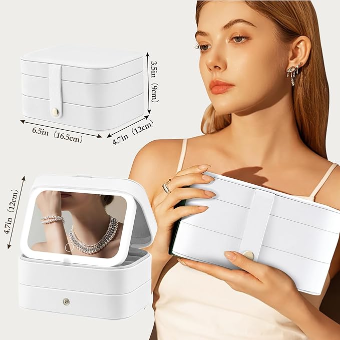 Travel Jewelry Case with LED Lighted Mirror, Portable Travel Jewelry Organizer, 2-Layer Jewelry Box for Earrings Necklace Bracelet Rings, Birthday Gifts for Women Girls Kids (White)