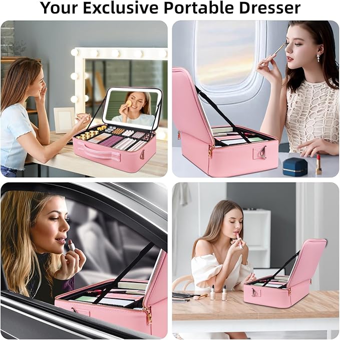 15"×11" Large Pink Makeup Bag with Mirror, Personal Item Travel Bag with Makeup Mirror 3 Lights, Waterproof Train Case with Mirror and Adjustable Dividers,Professional Lighted Makeup Case