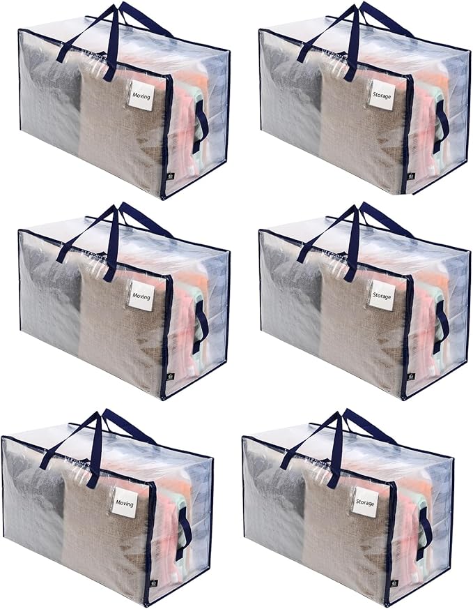 VENO 6 Pack Moving and Storage Bags, Heavy Duty, Alternative to Moving Boxes, Large Packing Totes Supplies for College Dorm Room with Zipper for Clothes, Wide Open Design (Clear, 6 Pack)