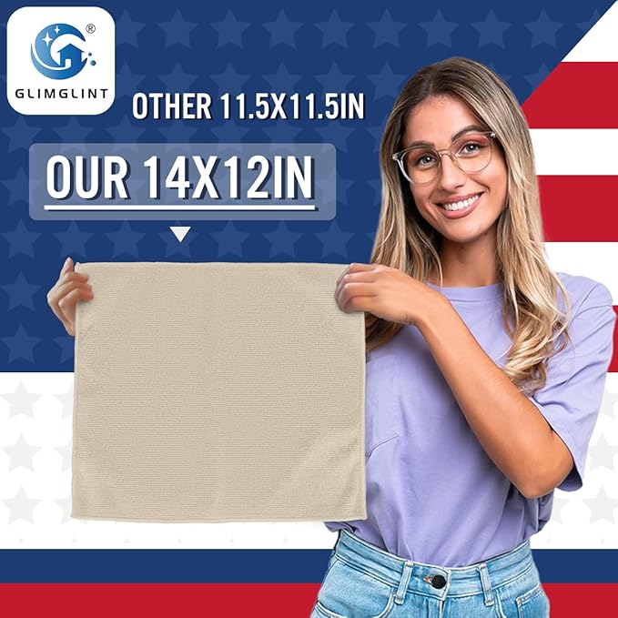 GLIMGLINT Brown Microfiber Cleaning Cloth, 12 Pack Cleaning Towels for Kitchen, Lint Free, Scratch-Free, Highly Absorbent, and Reusable Cleaning Rags for House, Window and Glass, Cars, 14"X12"