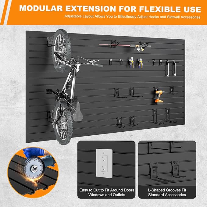 DoCred Slatwall Paneling Organizer, 4x7.5 FT PVC Garage Slat Wall Storage Systems, Heavy Duty Mounted Slat Peg Board for Tool Organization Ladder Bike Rack (Black)