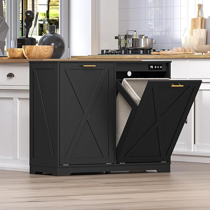 Tilt Out Trash Can Cabinet for 2 Bins, Hidden Recycle Garbage Bin Enclosure, Wooden Double Laundry Cabinet with Odor Control, Negative Ion & Ozone, for Kitchen, Bathroom, Laundry Room