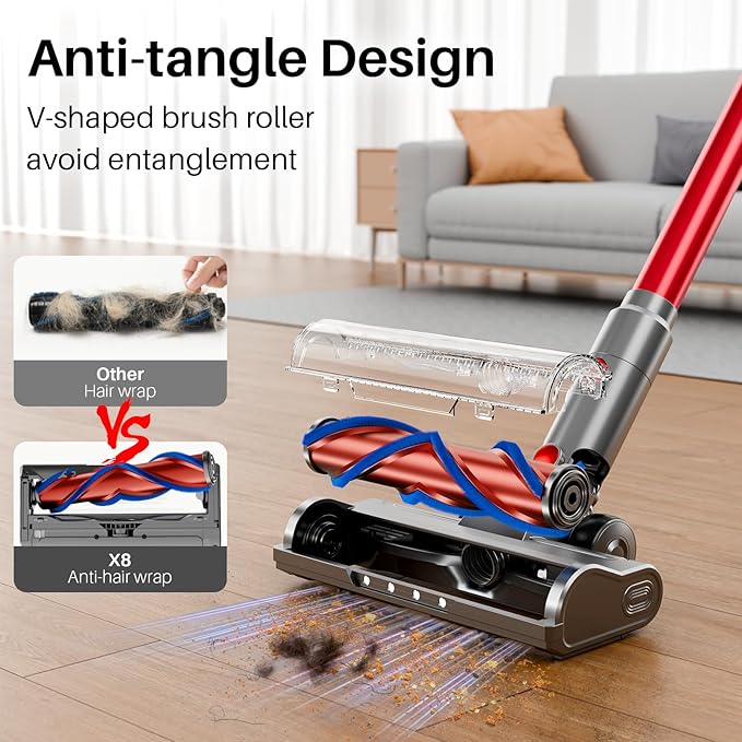 Cordless Vacuum Cleaner, Lightweight Stick Vacuum Cleaner for Home, 6 in 1, Anti-Tangle Vacuum with Powerful Suction, 180° Bendable Wand Rechargeable Cordless Vacuum for Floor Pet Hair/Carpet Deep Red