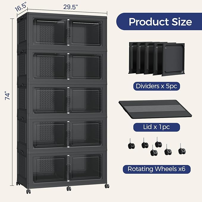 200GAL Extra Large Storage Bins with Lid, 800Qt Stackable Closet Organizers and Drawers, Collapsible Storage Bins with Wheels, Folding Storages Cabinet for Home Bedroom Office, 5Pack Black