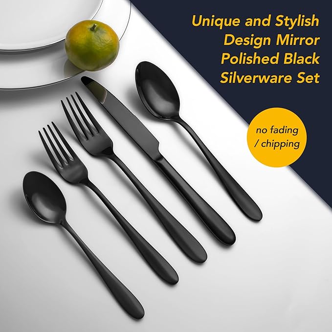 40 Piece Black Silverware Set Service for 8, EIUBUIE Premium Stainless Steel Black Cutlery Set, Mirror Polished Flatware Sets, Modern Kitchen Eating Utensils Sets Include Forks Spoons Knives