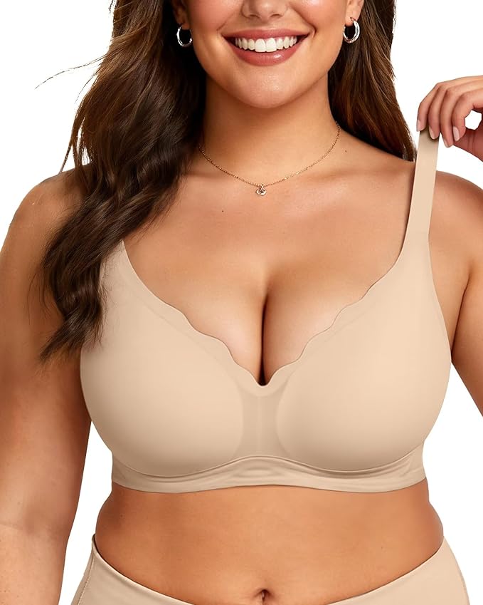 Vertvie Womens Seamless Bras No Underwire Supportive Wireless Push Up Full Coverage Bralette Comfort Scalloped T-Shirt Bra
