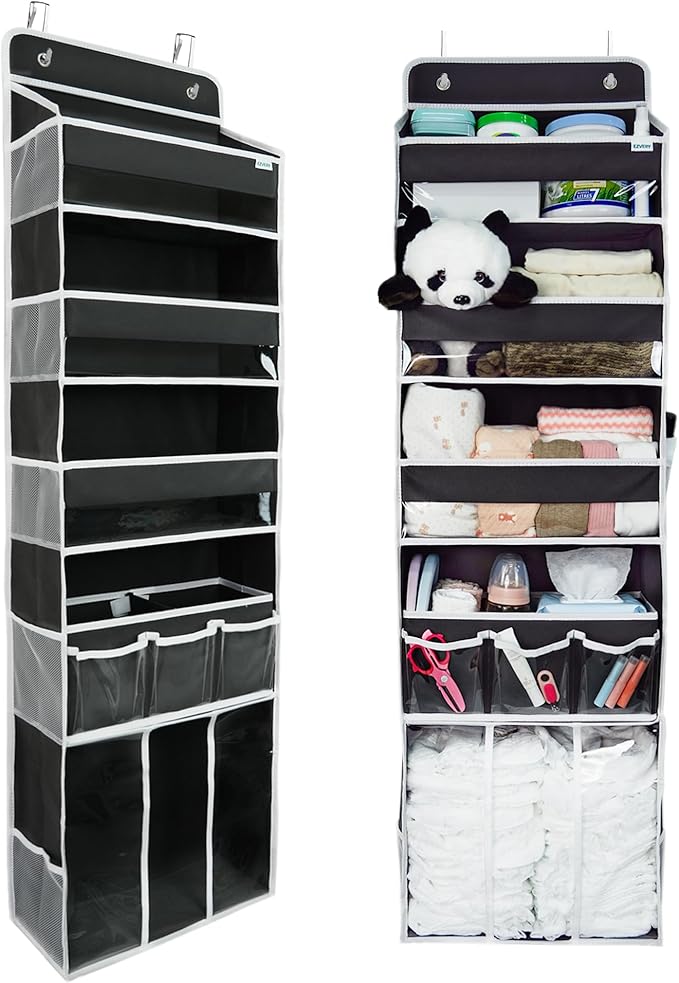 Door Hanging Storage Organizer,with 3 Bins 1 Movable Baby Diaper Caddy,1 Large capacity diaper stacking storage Organizer,10 Side Pockets ,Bedroom Door Storage for Nursery Baby Essentials. (Dark grey)