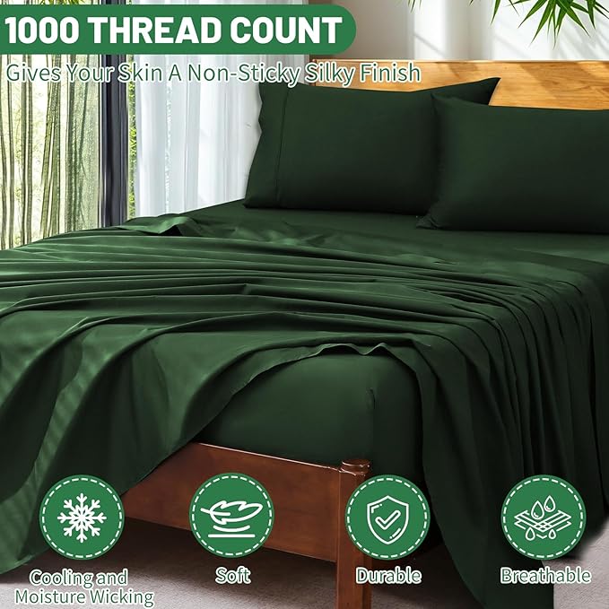 Extra Deep Pocket California King Sheets 18-24 Inch 1000 Thread Count 100% Egyptian Cotton Sateen Weave Soft Breathable 4 Pieces（California King,Forest Green）