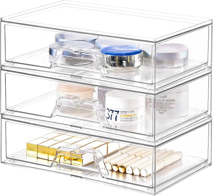 3 Pack Stackable Makeup Organizer, 12.1''L Acrylic Bathroom Organizer and Storage Undersink Drawer, Cosmetics and Beauty Supplies,Clear Plastic Storage Bins for Vanity,Pantry,Desk,Cabinet,Kitchen