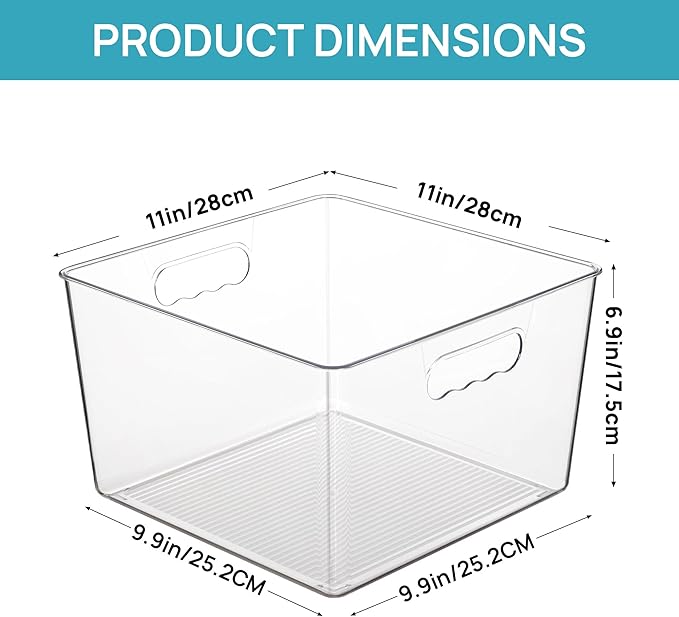Vtopmart 6 Pack Extra Large Clear Plastic Storage Bins,11x11 Cube Acrylic Organizer Square Containers with Handle for Pantry,Closet,LaundryRoom,Kitchen,Bathroom,UnderSink Organization
