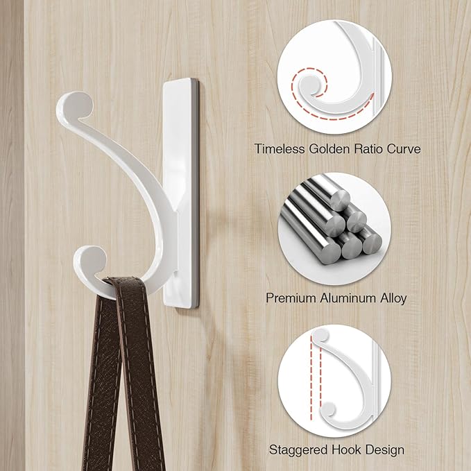 Adhesive Wall Hook for Towel/Coat - Extra Sticky 10LB Stainless, Stick on Hanger for Bath or Shower, White 8-Pack