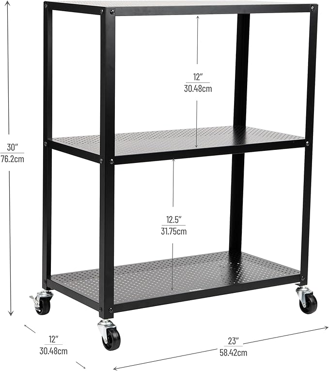 Mind Reader Rolling Cart, Rolling Cart, Microwave Stand, 3-Tier, Coffee Cart, Office, Metal, 23" L x 12" W x 30" H, Black