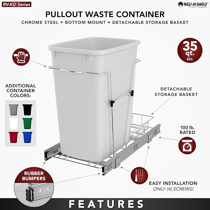 Rev-A-Shelf Pullout Trash Can for Kitchen Cabinets 35 Qt Garbage Waste Recycling Bin with Full Extension Slides, Orion Gray, RV-12KD-13C-S