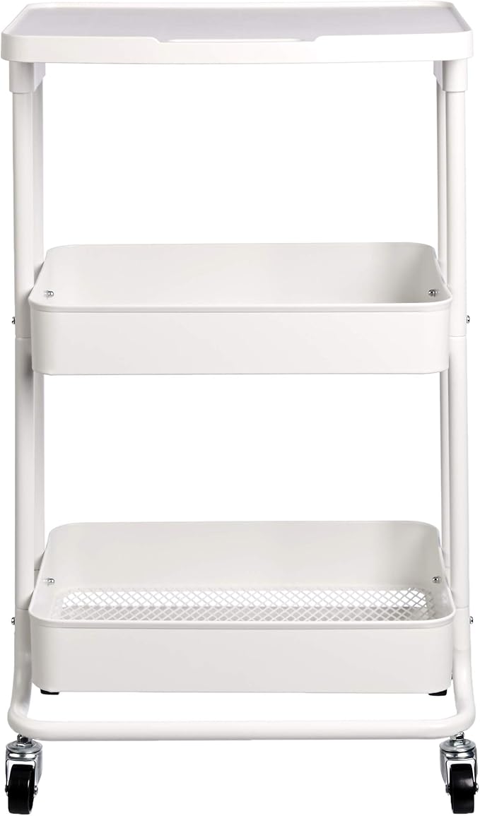 Amazon Basics 2-Tier Metal Kitchen/Utility Cart with Shelf, White