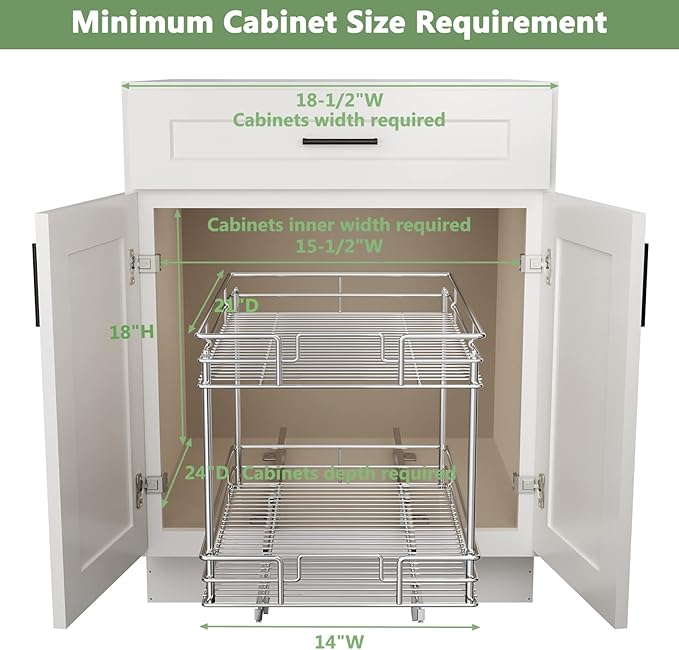 ROOMTEC Pull Out Cabinet Organizer, Kitchen Cabinet Organizer and Storage 2-Tier Cabinet Pull Out Shelves for Kitchen,Under Sink Organizers and Storage 14" W x 21" D Chrome
