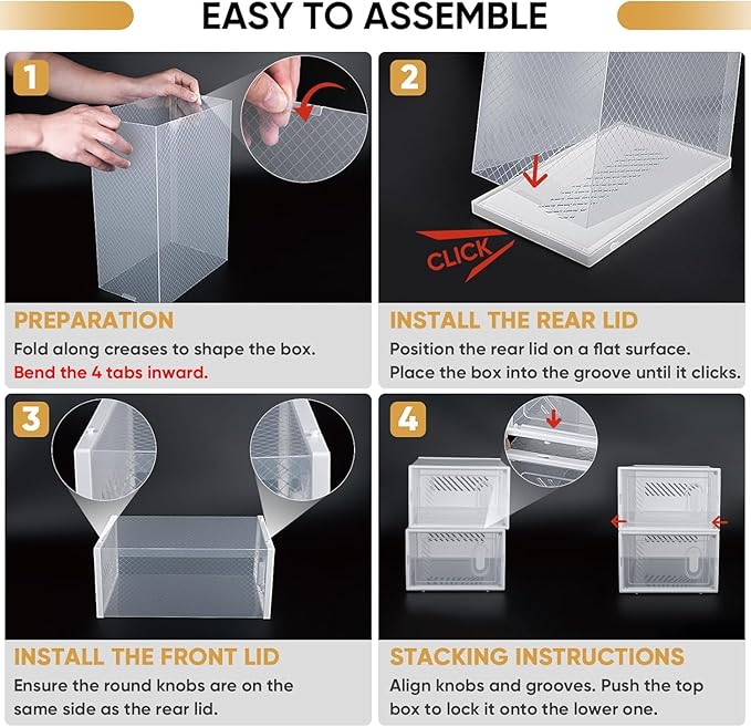 BALEINE 12 Pack Stackable Shoe Storage Boxes Fit Size 9, Thickened Clear Shoe Box Bins with Lids, Plastic Foldable Organizer Sneaker Storage Containers (12 Pack, Large White)