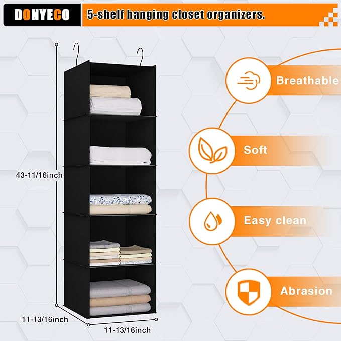 Hanging Closet Organizer and Storage 5-Shelf, Easy Mount Foldable Hanging Closet Wardrobe Shelves, Clothes Handbag Shoes Accessories Storage, Washable Oxford Cloth Fabric, Black
