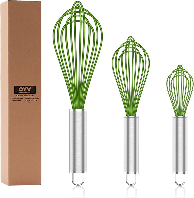 Silicone Whisk,Professional Whisks For Cooking Non Scratch,Stainless Steel & Silicone Wisk,Plastic Rubber Whisk Tool For Nonstick Cookware Pans,Silicon Wisks Set of 3,Green.