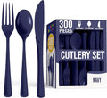 Party Solids Navy Plastic Silverware Heavy Duty 300 Pieces Navy Plastic Cutlery Sets, Utensil Sets, 100 Of Each Forks, Knives & Spoons Disposable Cutlery Set, Flatware Set For Party Supplies