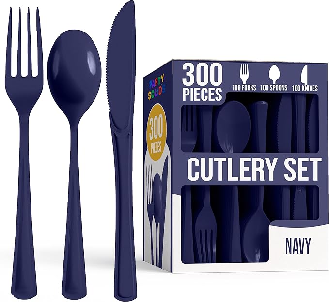 Party Solids Navy Plastic Silverware Heavy Duty 300 Pieces Navy Plastic Cutlery Sets, Utensil Sets, 100 Of Each Forks, Knives & Spoons Disposable Cutlery Set, Flatware Set For Party Supplies