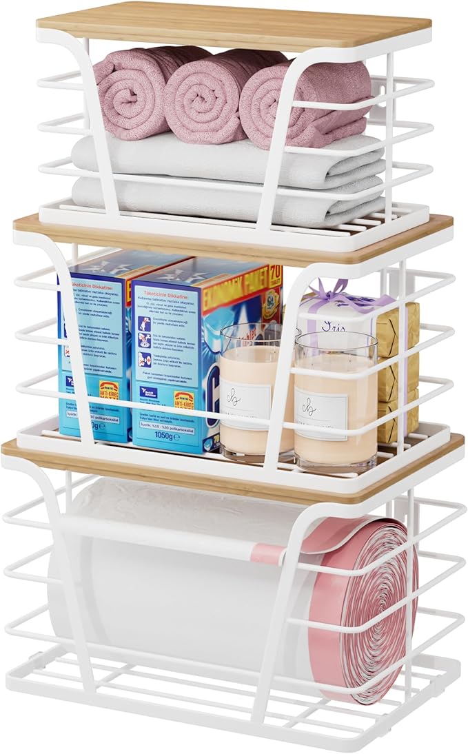 3 Pack Stackable Laundry Room Organization,Trash Bag Dispenser Under Sink, Countertop Organizer, Kitchen Sink Accessories，White
