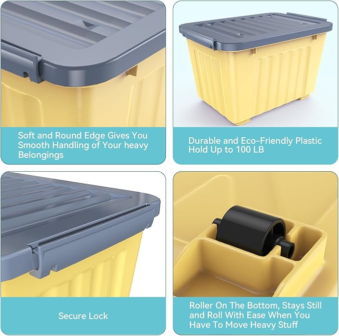 Nazhura Plastic Storage Bin, Stackable and Nestable Storage Boxes with White Lids and Secure Latching Buckles, Large Storage Container (Yellow/Purple, 72Quart-4Pack)