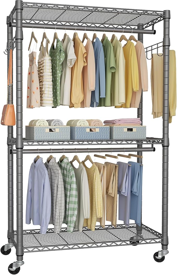 FUTASSI P1 Heavy Duty Garment Rack, 3 Tiers Adjustable Rolling Metal Closet Organizer with Lockable Wheels, FreeStanding Wardrobe with Double Hanger Rods & 1 Pair Hooks, Max Load 450 LBS, Gray