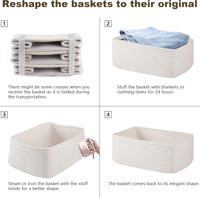 3 Pack Small Storage Baskets for Organizing, Cute Woven Decorative Gift Baskets for Shelves, Mini Closet Organizer Bins with Handles, 11.81''Lx7.87''Wx4.72''H-White
