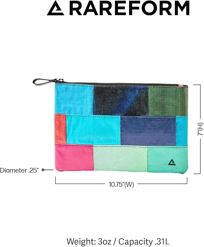 Rareform Essentials Organizer Pouch | Travel Accessory Bag, Protects Tech, Cosmetics, Toiletries with Inner Fleece Lining, Water-Resistant | Recycled Nylon, One-of-a-Kind, Patchwork