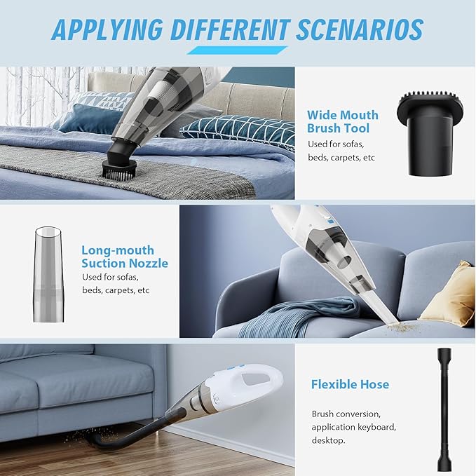 Handheld Vacuum Cordless,Car Hand Cordless Rechargeable,Powerful Suction Hand Held Vacuum with LED Light/Multi Accessories,1.6lbs Car Mini Portable Vacuum Cleaner for Home Office Pet
