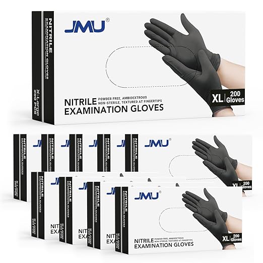 JMU Medical Nitrile Exam Gloves XL, 2000 Count, 3.5Mil Disposable Black Nitrile Gloves Latex Free Powder Free